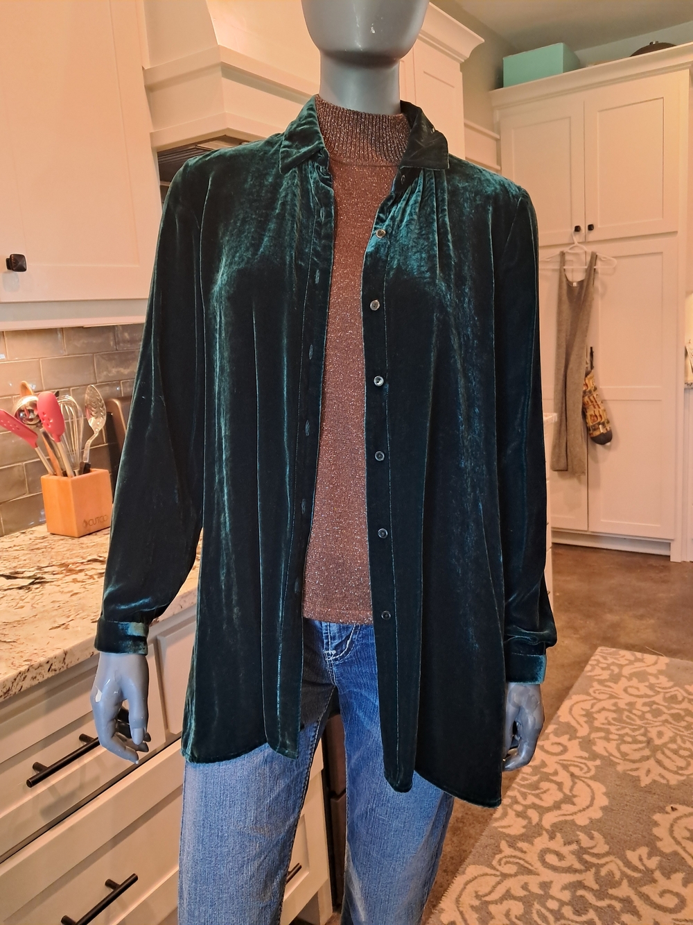 Eileen Fisher Dark Emerald Green Velvet Button-Down Shirt